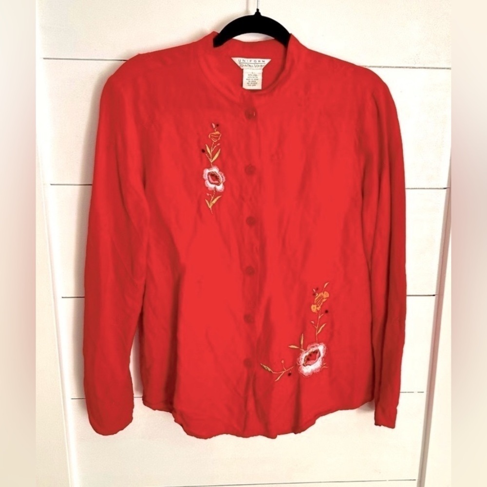 Y2K VINTAGE JOHN PAUL RICHARD L Red paisley embroidered button linen blouse